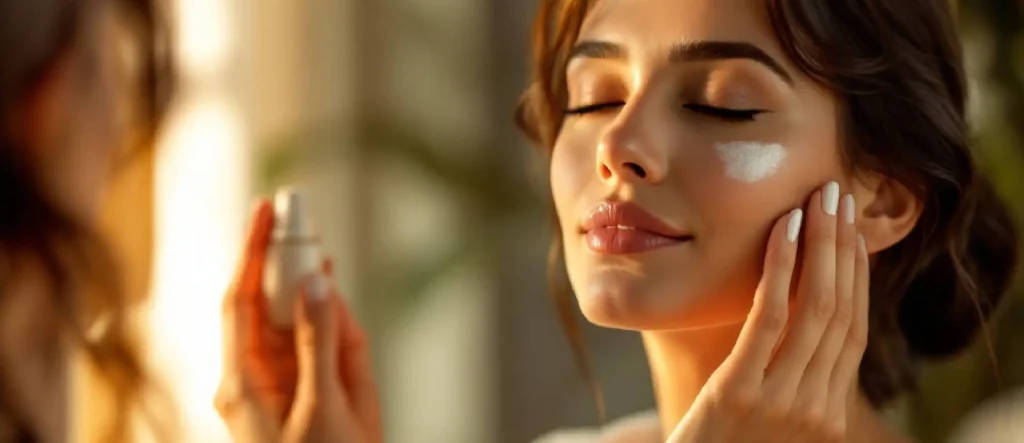 Mujer aplicándose crema facial en una rutina de cosmética natural para piel madura