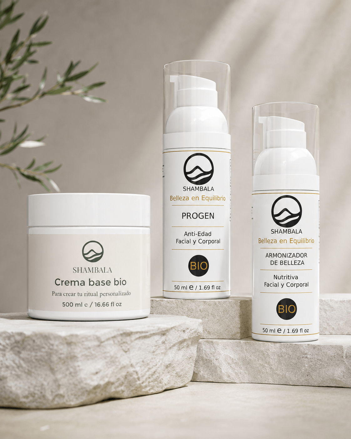 Gama principal Shambala con Armonizador, Progen y Crema Base Bio