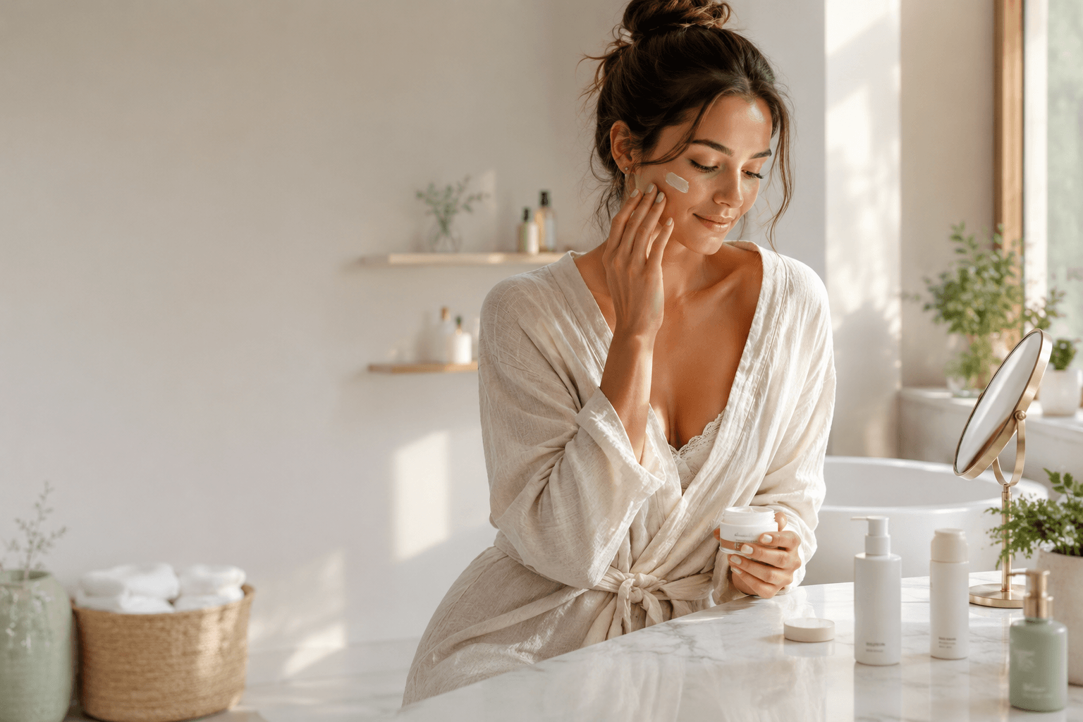 Mujer aplicándose cosmética natural en baño luminoso