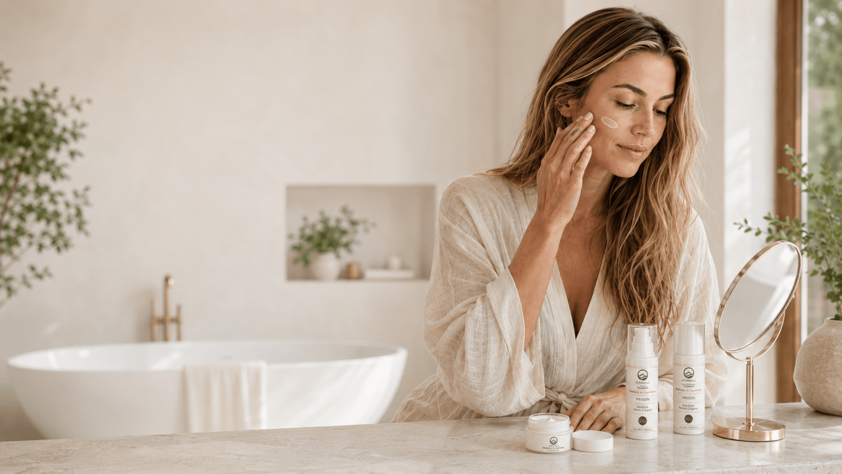 Mujer aplicándose sérum facial natural Shambala - cosmética bio orgánica
