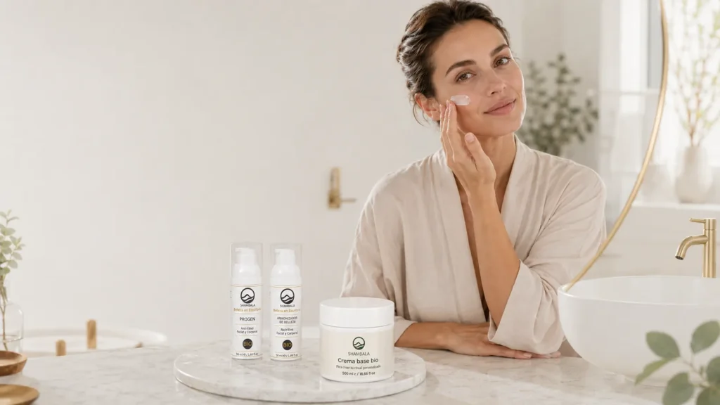 Mujer aplicando crema facial junto a productos de Cosmética Shambala en un baño luminoso