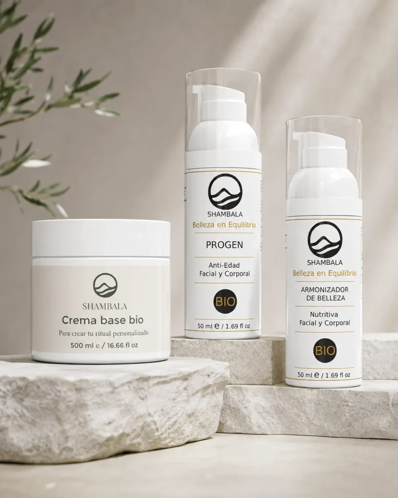 Armonizador de Belleza, Progen y Crema Base Bio Shambala en composición editorial