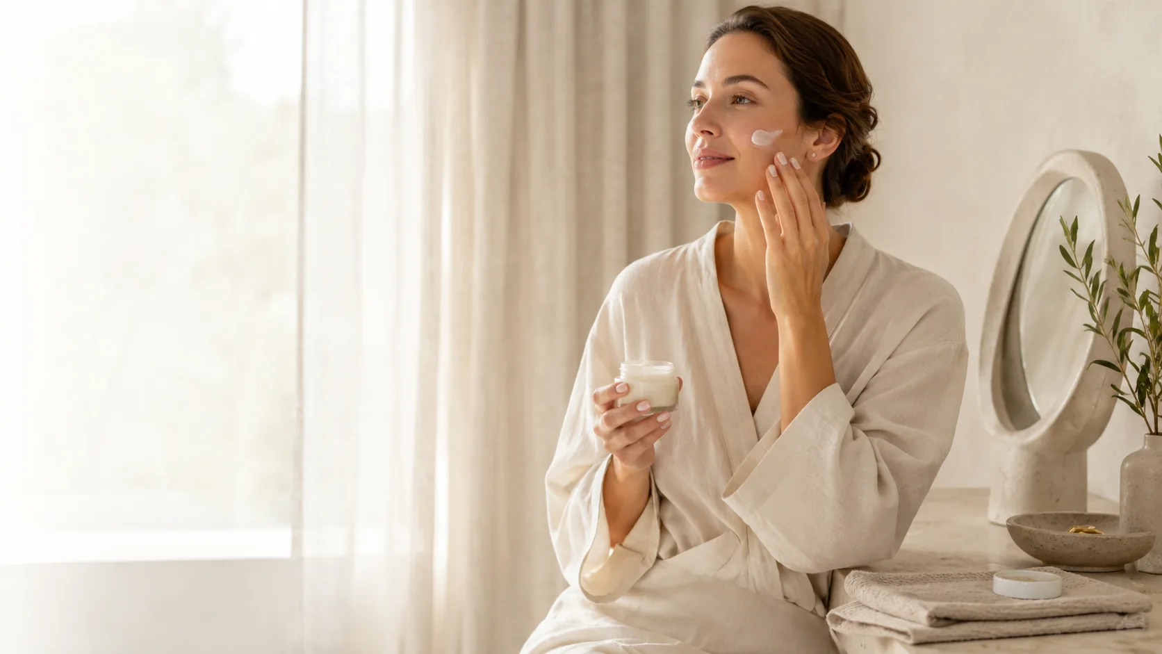 Mujer aplicándose crema facial bio Shambala junto a una ventana luminosa en su rutina de cuidado natural