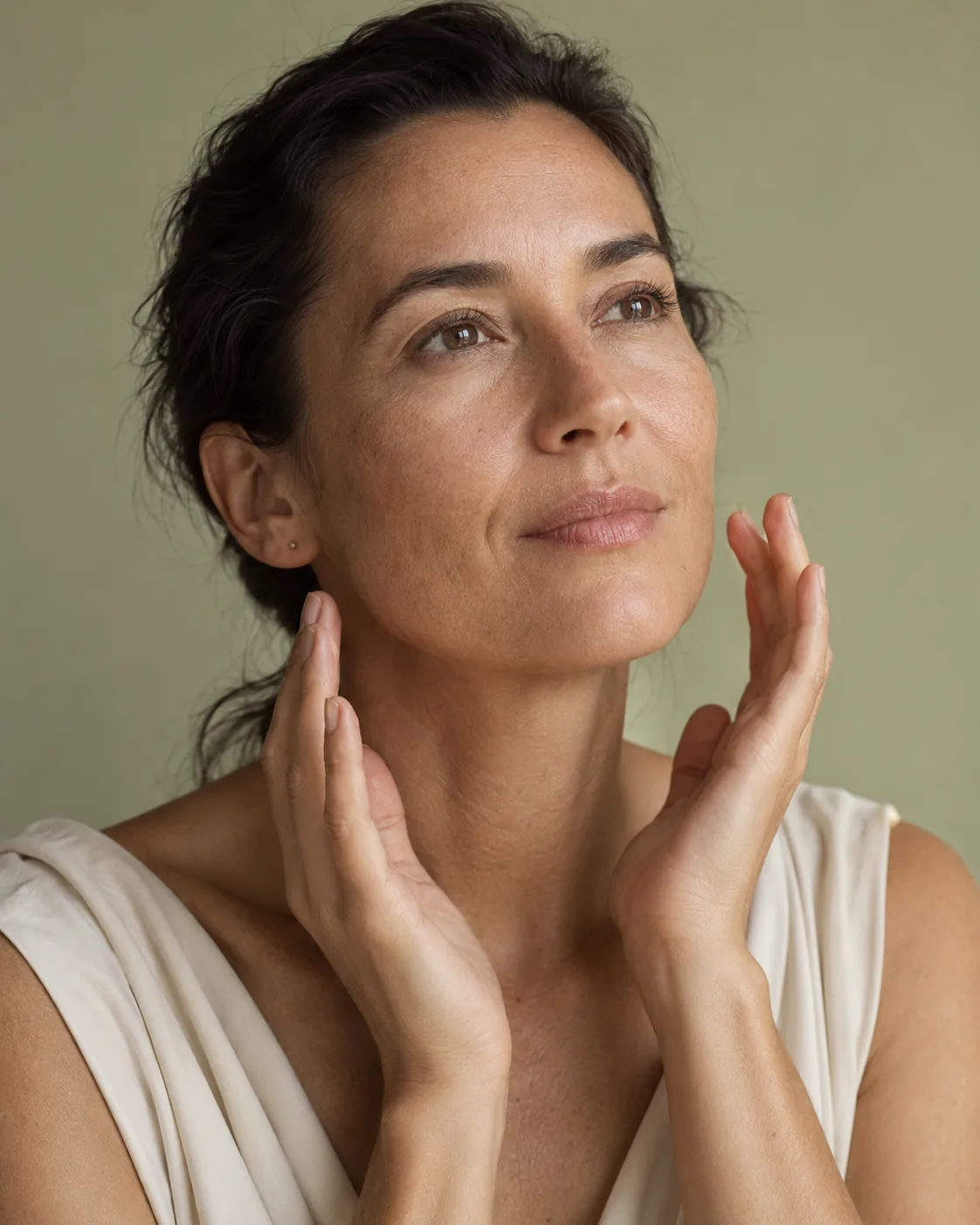 Mujer con piel madura usando cosmética bio vegana Shambala