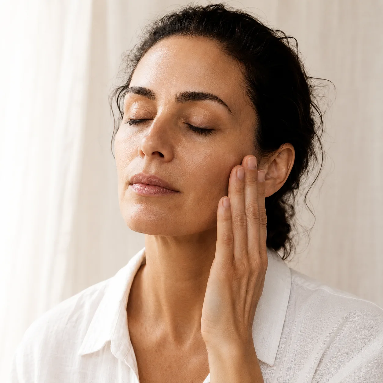 Mujer de mediana edad con los ojos cerrados aplicando crema facial natural, piel cuidada con cosmética bio y orgánica Shambala