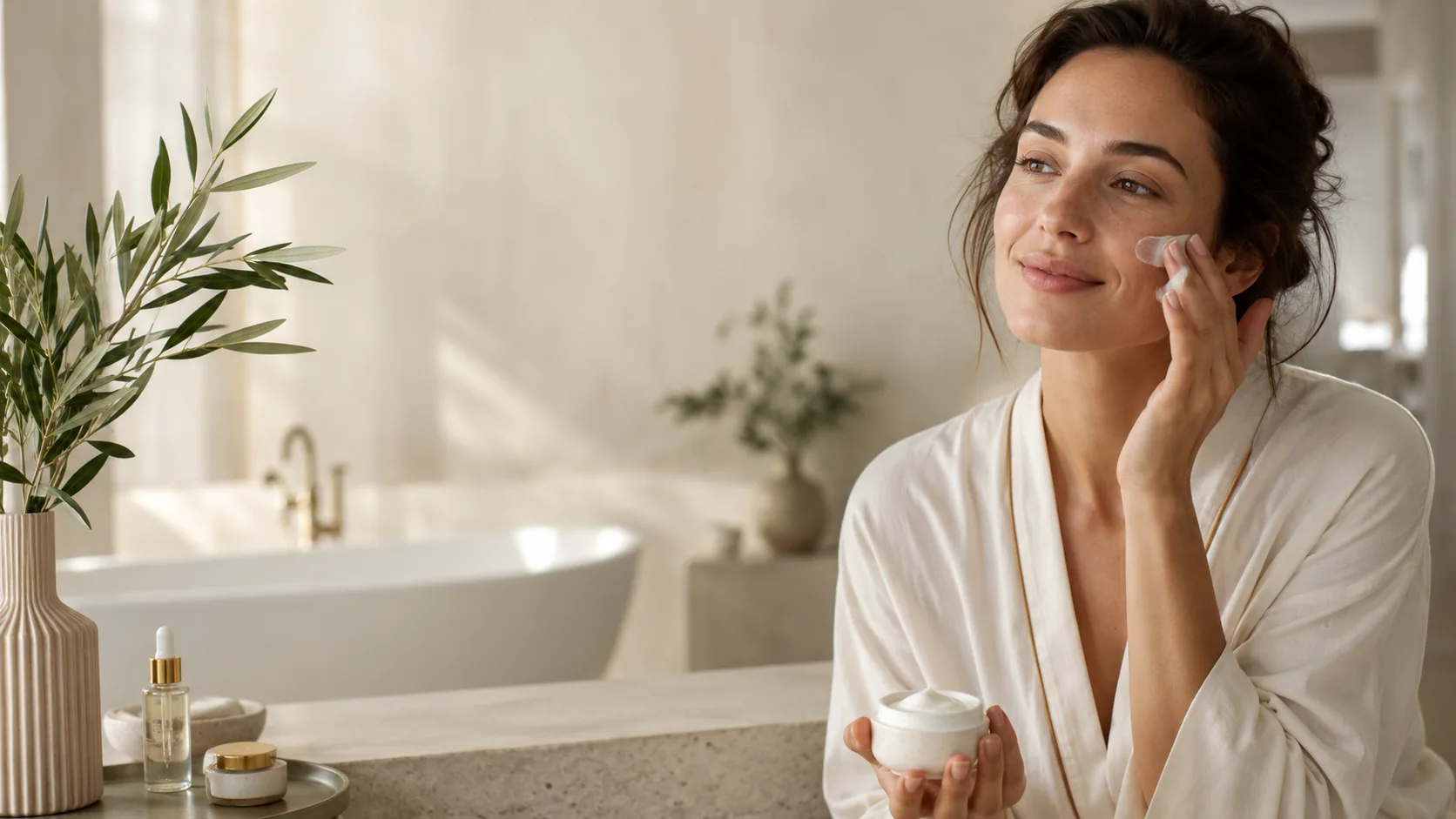 Mujer en bata aplicándose cosmética natural Shambala junto a productos y una rama de olivo en el baño