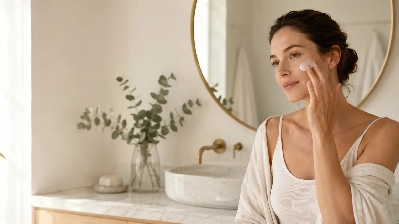 Mujer aplicándose cosmética facial bio Shambala en un baño luminoso con eucalipto