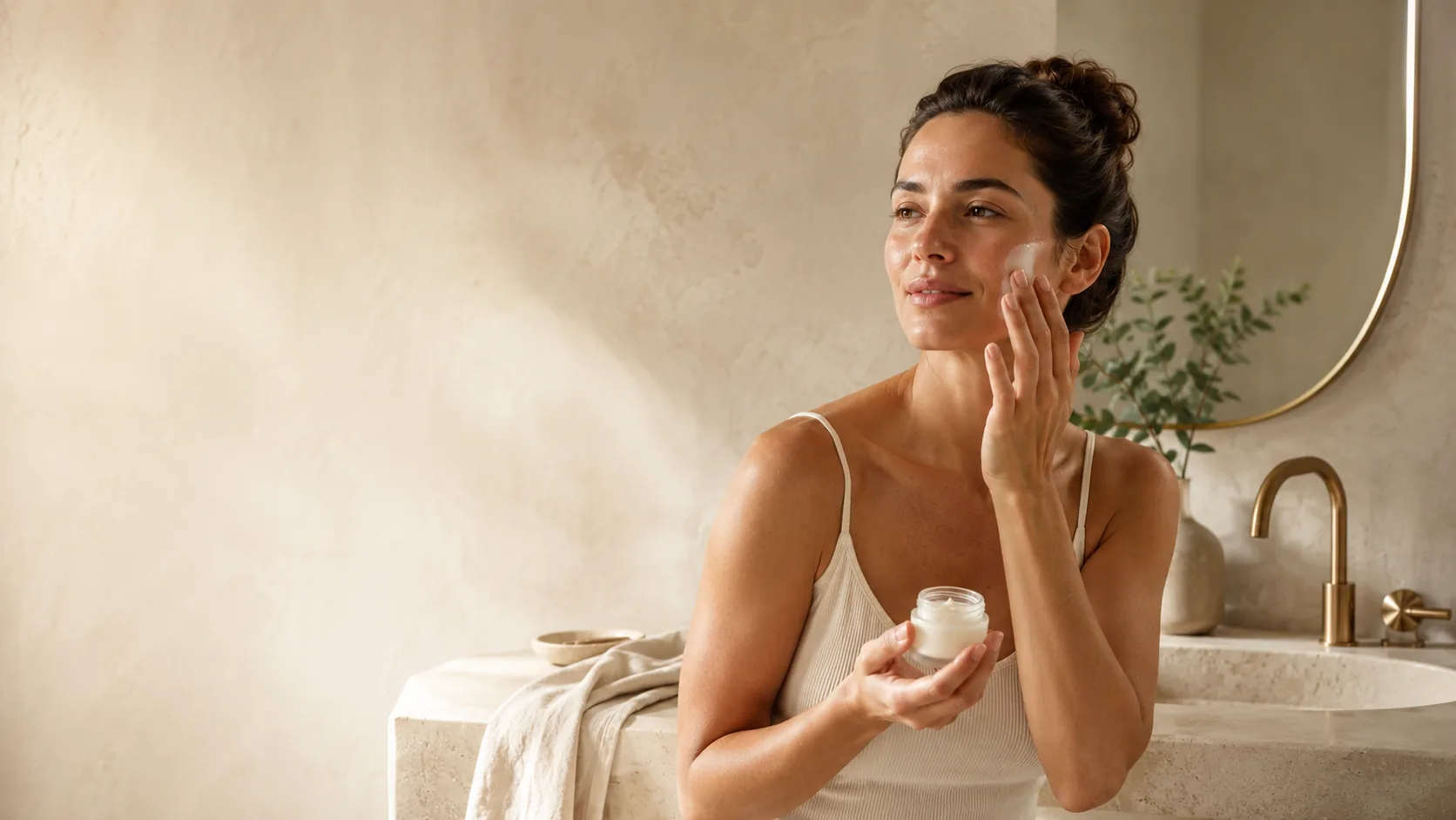 Mujer aplicándose crema facial bio Shambala frente a un espejo, cuidado natural de la piel